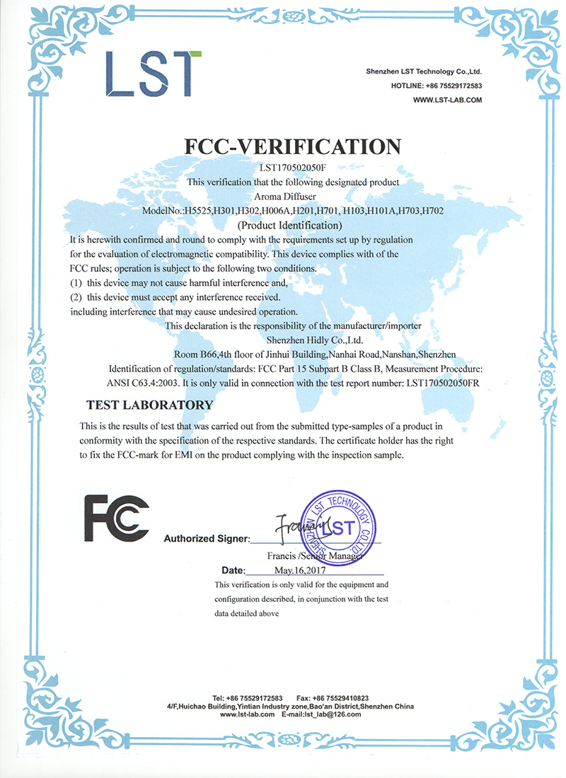 Aroma Diffusers H5525 FCC Certification