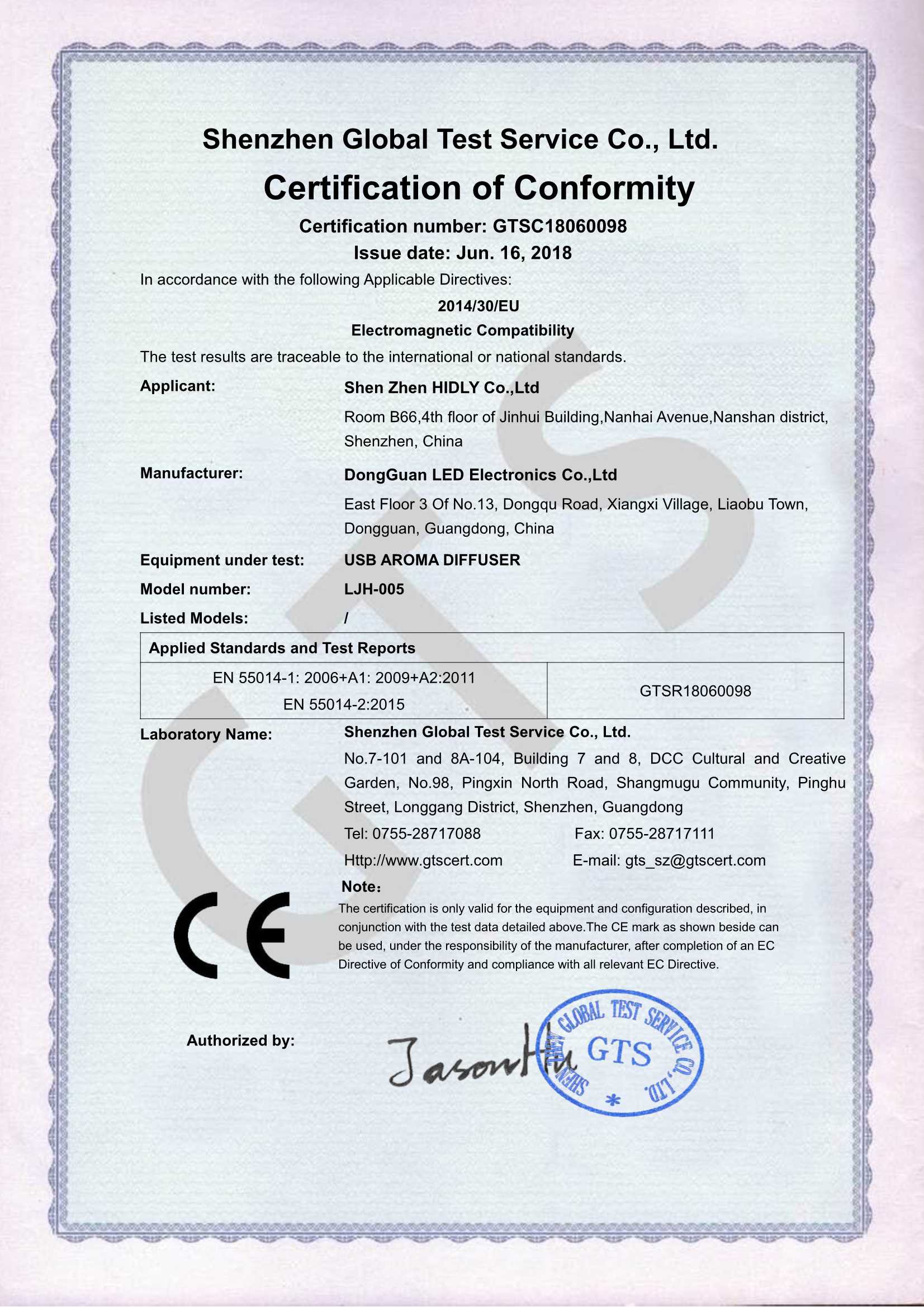 Our aroma humidifier(LJH005)have acquired CE-EMC Certifications