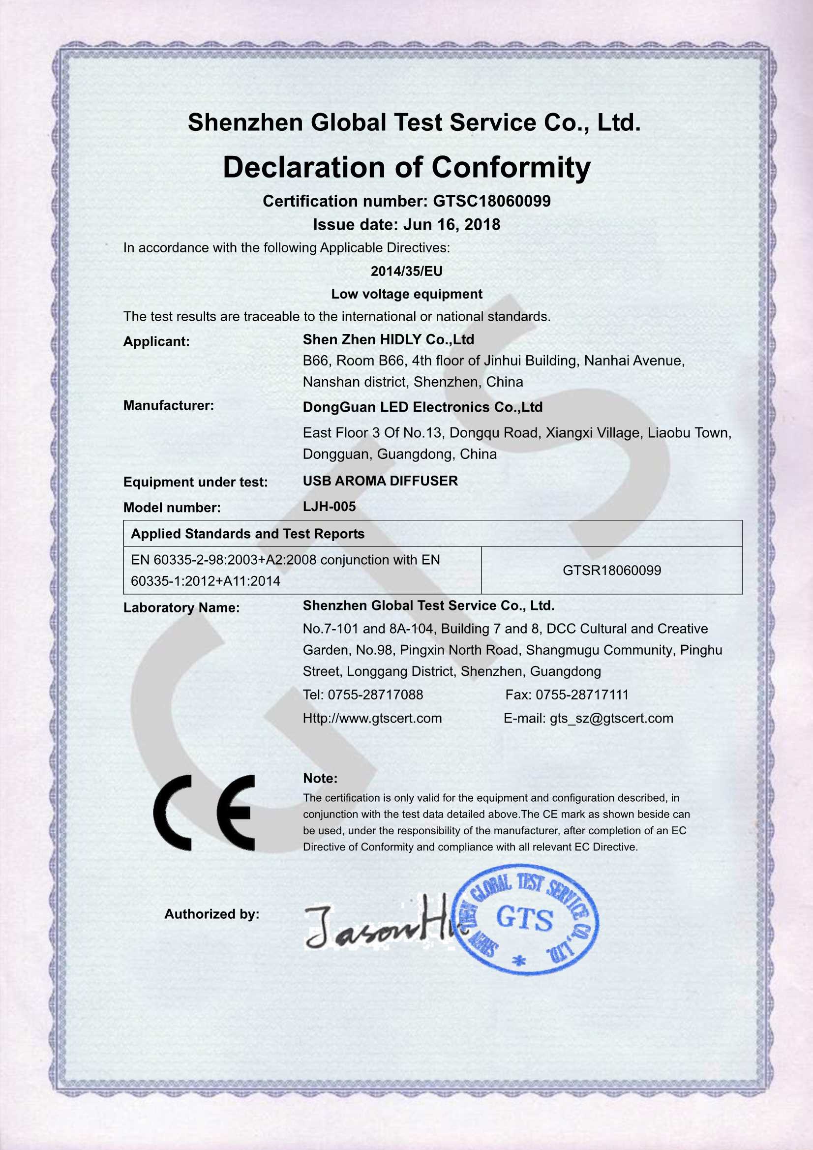 Our aroma humidifier(LJH005)have acquired CE-LVD Certifications: