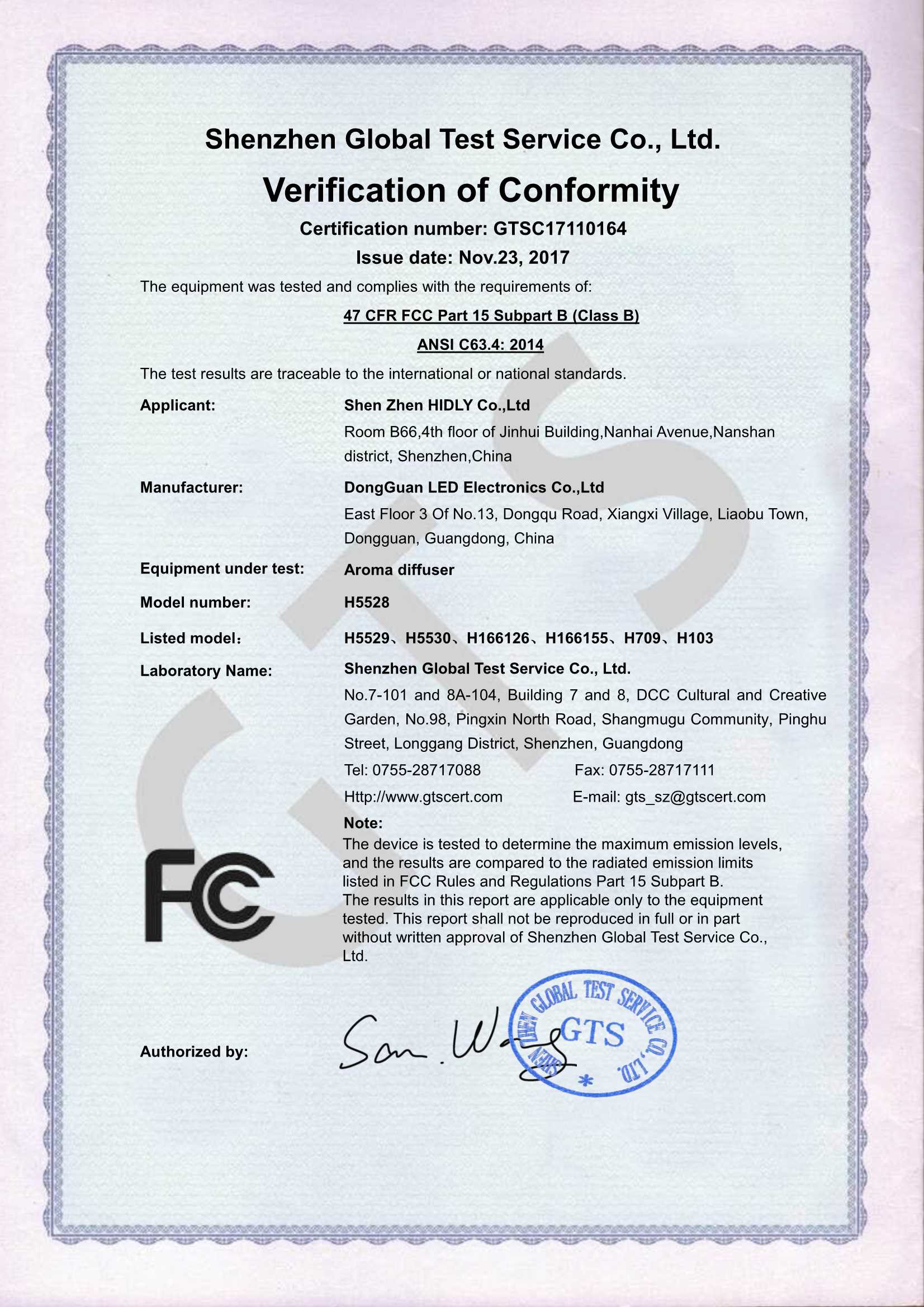 Aroma Diffusers H5528  FCC Certifcation