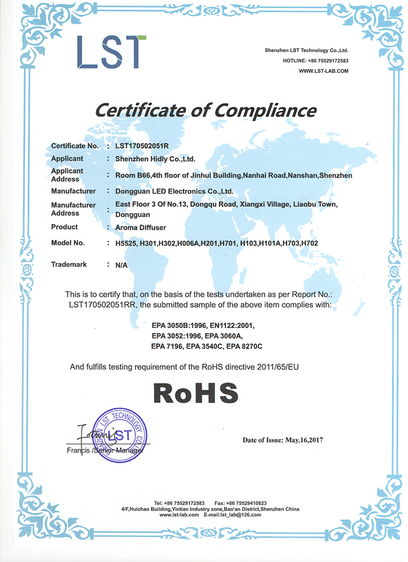 Aroma Diffusers H5526 Rohs Certification