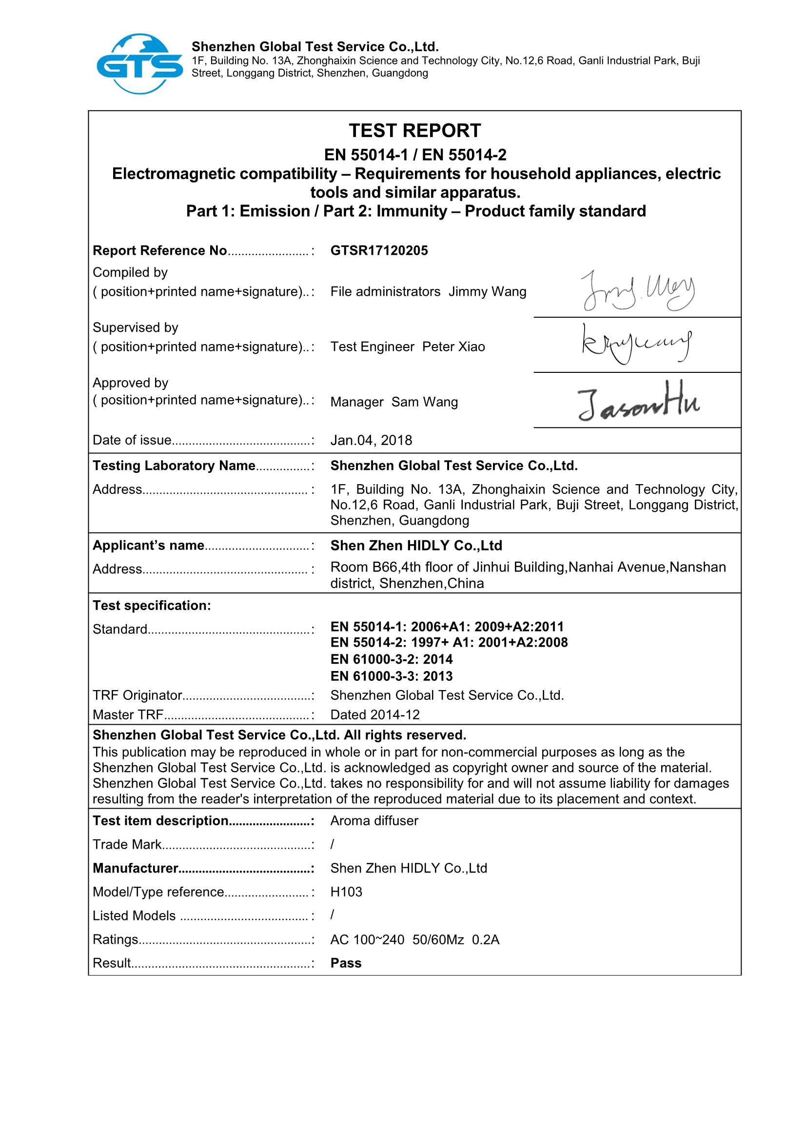 Our aromatherapy diffuser(H103)have acquired the Rohs Reports: