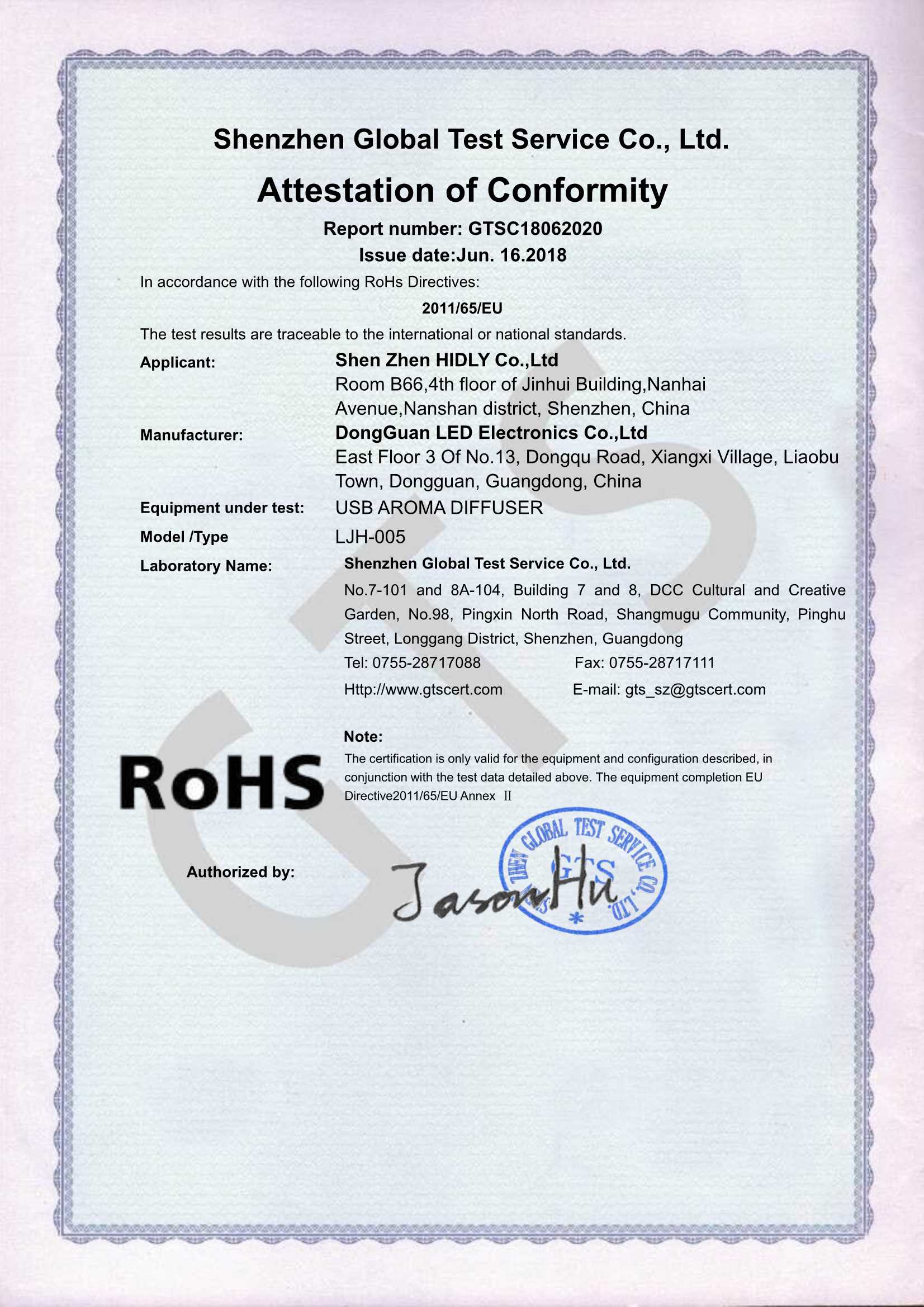Our aroma humidifier(LJH005)have acquired ROHS Certifications: